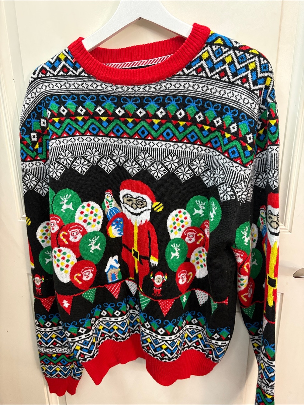 Festive Black & Red Crewneck Sweater with Holiday Santa Motif